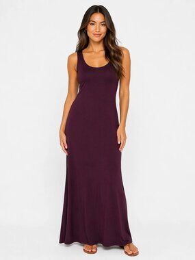 Miss Lavish London Plum Maxi Dress Stretch Knit Minimalist Chic 10/12 Quiet Luxe